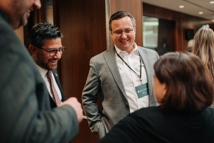 MP Irek Kusmierczyk and Yasir Naqvi speaking with CCCE’s Liv Mendelsohn and James Janeiro