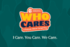 Fond vert avec des formes abstraites de silhouettes et un logo qui dit, Who Cares, un podcast sur la prestation de soins. Texte : I Care. You Care. We Care.