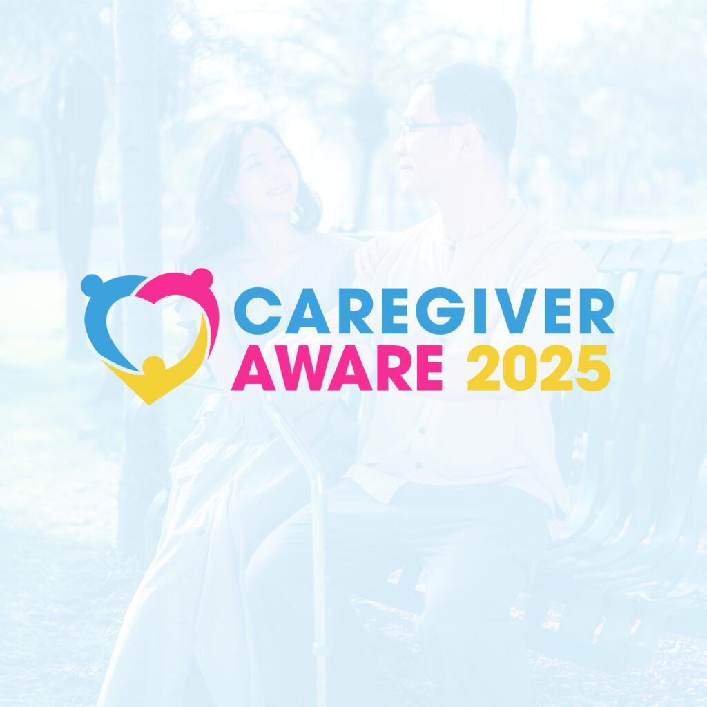 A young Asian woman sitting next to a man with a walker. There is a light blue wash over the image, with the logo for Caregiver Aware 2025 on top