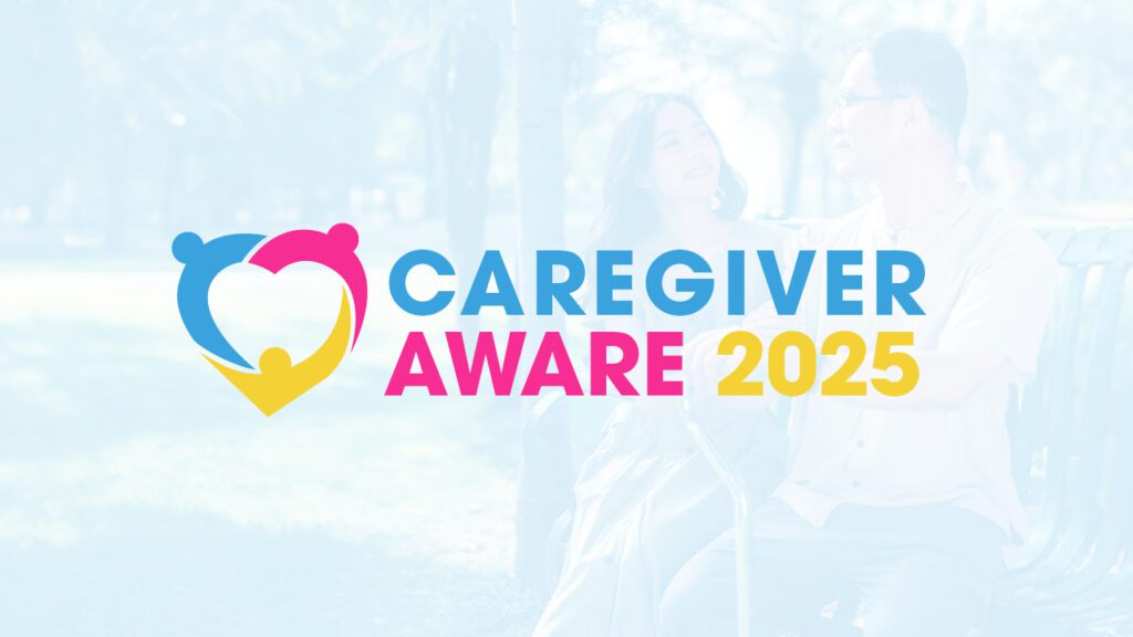 A young Asian woman sitting next to a man with a walker. There is a light blue wash over the image, with the logo for Caregiver Aware 2025 on top
