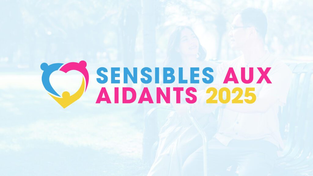 Une jeune femme asiatique assise à côté d'un homme avec un déambulateur. L'image est recouverte d'un léger lavis bleu et le
logo de Sensibles Aux Aidants 2025 apparaît en haut.