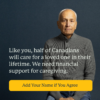 An older South Asian man seated against a grey background. Text: Like you, half of Canadians will care for a loved one in their lifetime. We need financial support for caregiving.